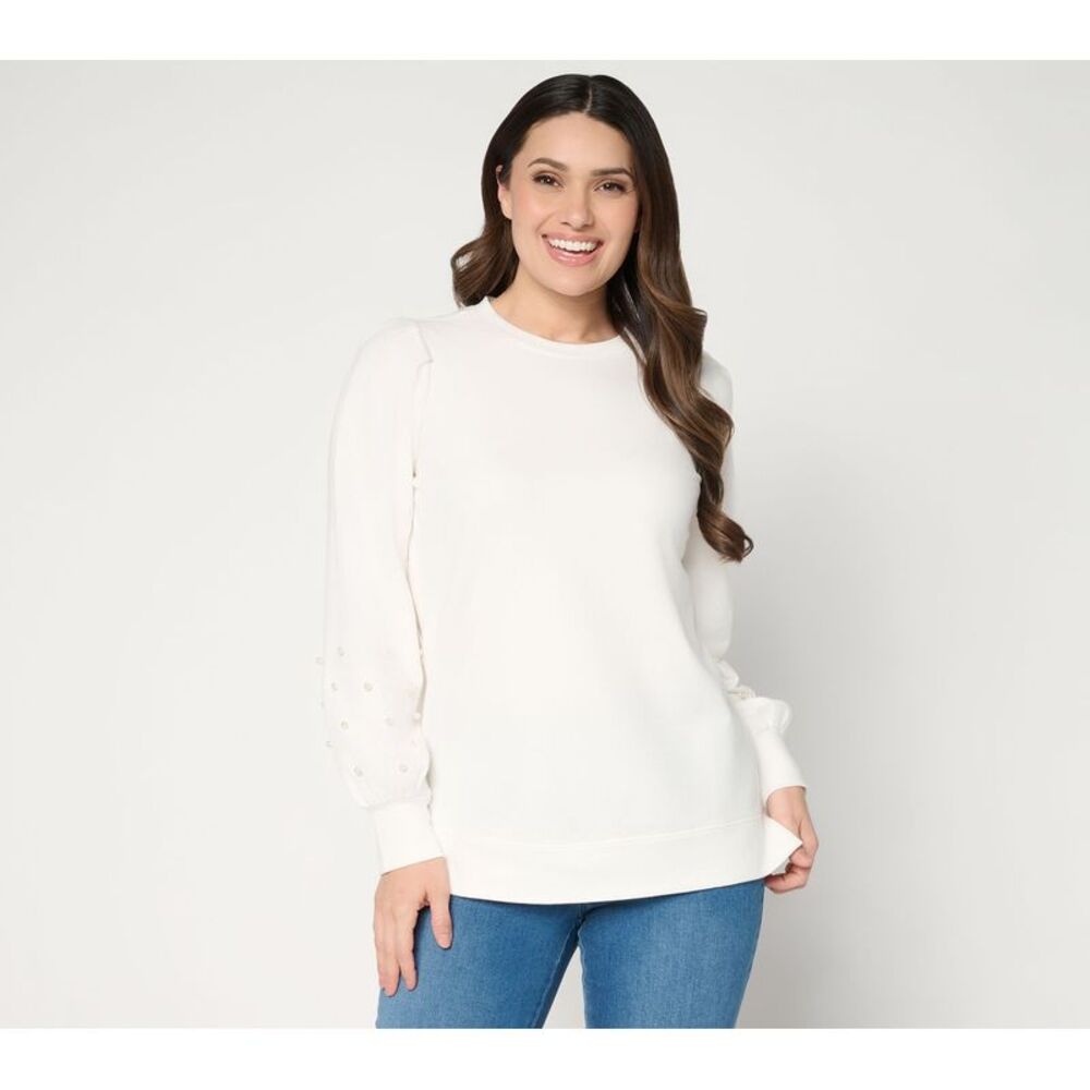 Belle by Kim Gravel Women's Top Sz M Jingle Belles Uptown Pearls White